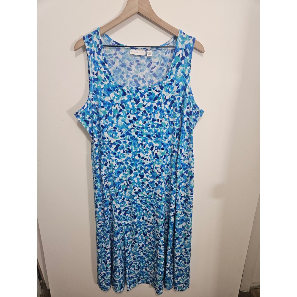 Susan Graver Liquid Knit Blue Abstract Confetti Sleeveless Midi Dress Womens 1XP